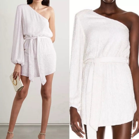 RETROFÊTE Bridgette one-shoulder velvet-trimmed sequined chiffon mini dress SZ S - Picture 2 of 6